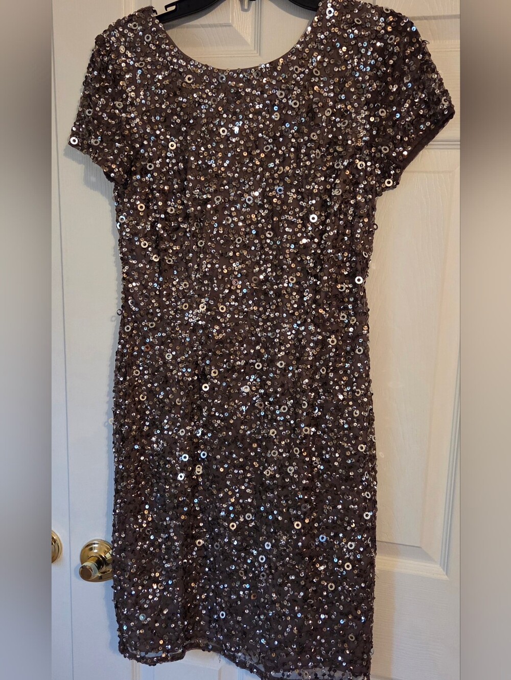 Adrianna Papell Sequined Short Sleeve Cocktail Dress – Chestnut Brown